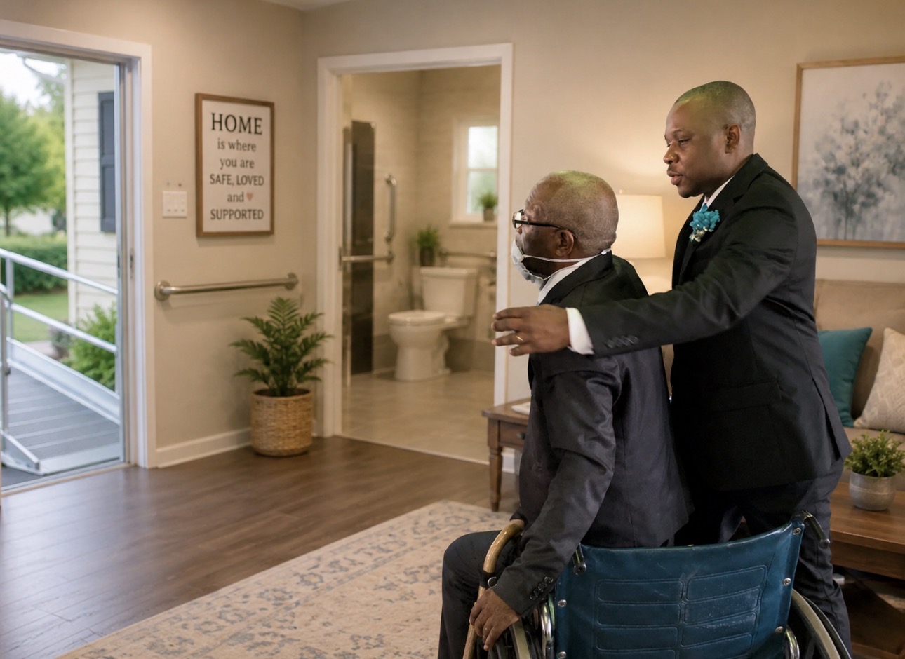 The president of Abilnet helping an elderly man in a wheelchair — Home is where you are safe, loved and supported.